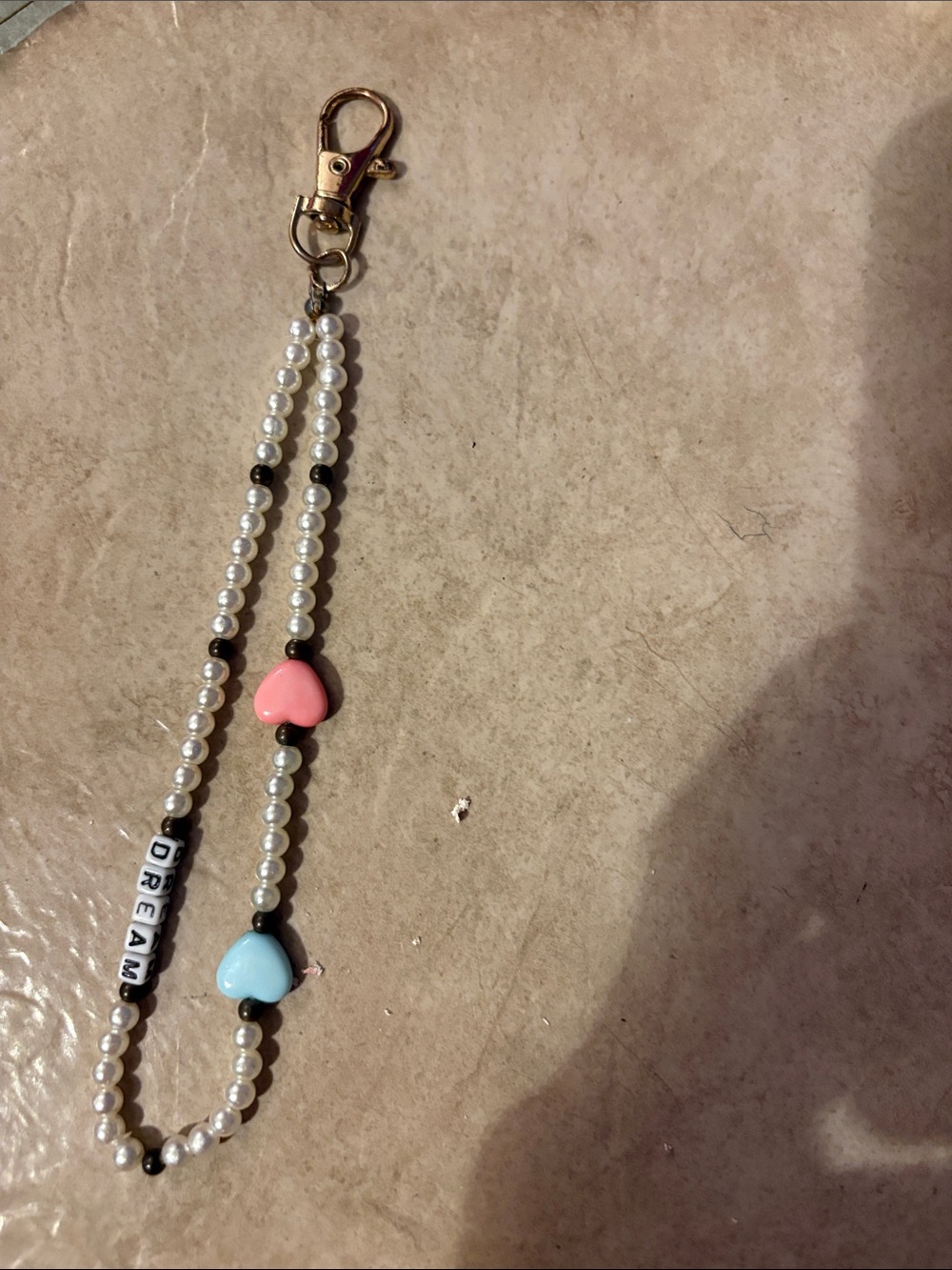 Handmade Pearl Beaded Keychain with Pink & Blue Hearts